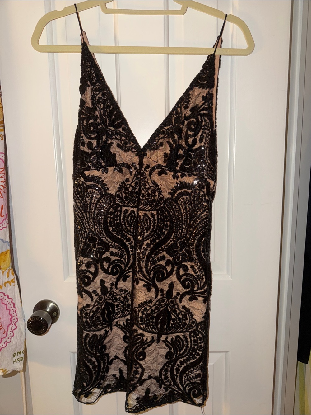 Free People Black Lace-Overlay Nude Slip Mini Dress